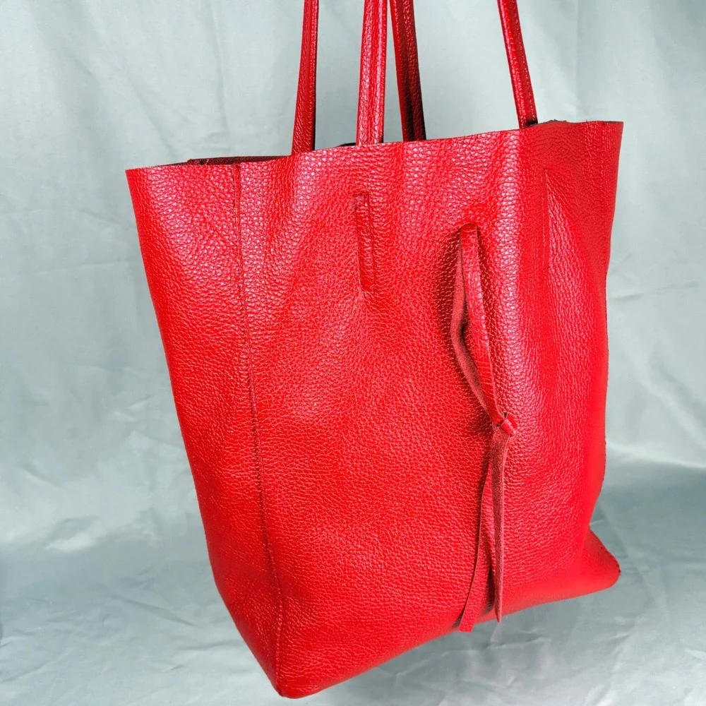 Vera Pelle Red Pebbled Leather Tote Bag Made in Italy Shopper w/  Pouch Boho - Picture 6 of 7